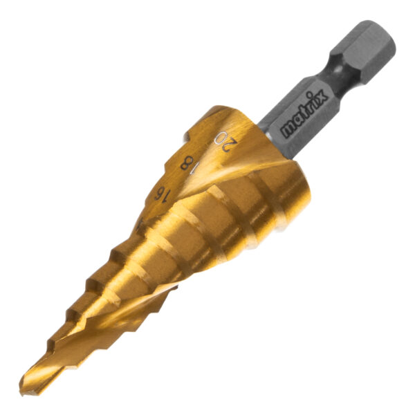 Сверло ступенчатое, 4-6-8-10-12-14-16-18-20 мм, HSS, спиральный профиль, шестигранный хвостовик Matrix — изображение 1