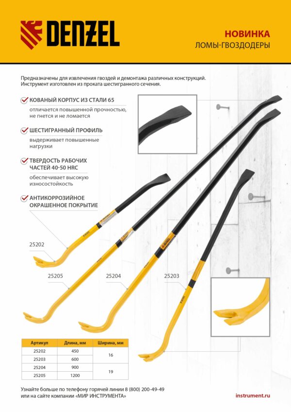 Лом-гвоздодер, 1200 мм, шестигранный 19 мм, окрашенный, сталь 65 Denzel — изображение 7