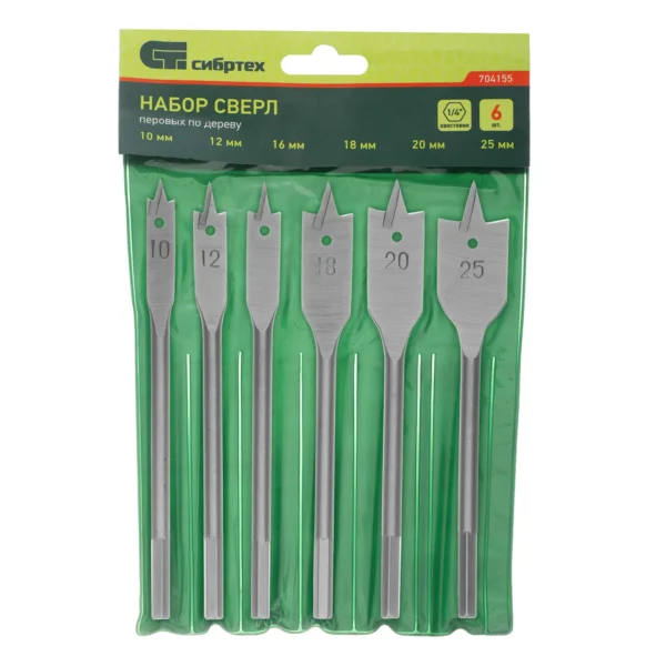 Набор сверл перовых по дереву, 10-12-16-18-20-25 мм, 6 шт, шестигранный хвостовик Сибртех — изображение 2