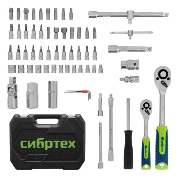 Набор инструментов, 1/2", 1/4", пластиковый кейс, 94 предмета Сибртех — изображение 2