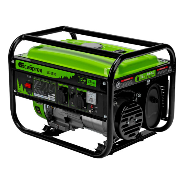 Генератор бензиновый БС-3500, 3.2 кВт, 230В, четырехтактный, 15 л, ручной стартер Сибртех — изображение 2