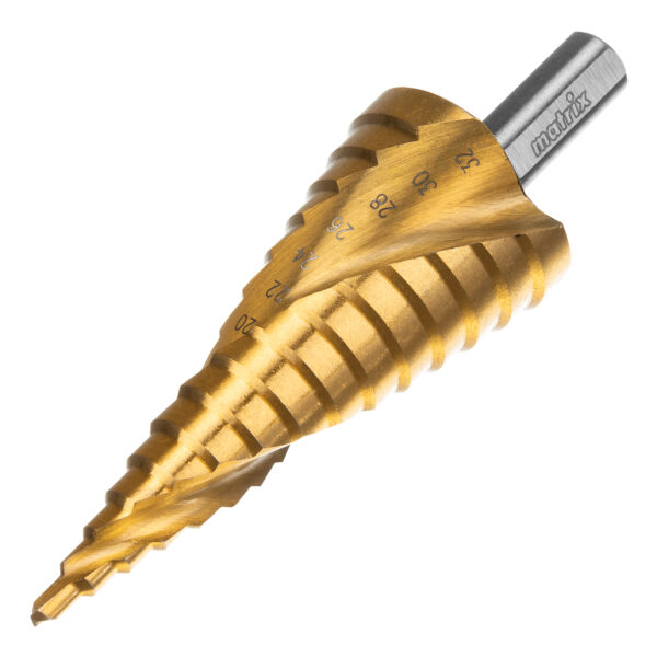 Сверло ступенчатое, 4-6-8-10-12-14-16-18-20-22-24-26-28-30-32 мм, HSS, спиральный профиль, трехгранный хвостовик Matrix — изображение 1