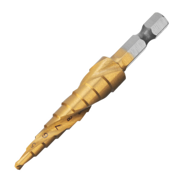 Сверло ступенчатое 4-5-6-7-8-9-10-11-12 мм, HSS, спиральный профиль, шестигранный хвостовик Matrix — изображение 1