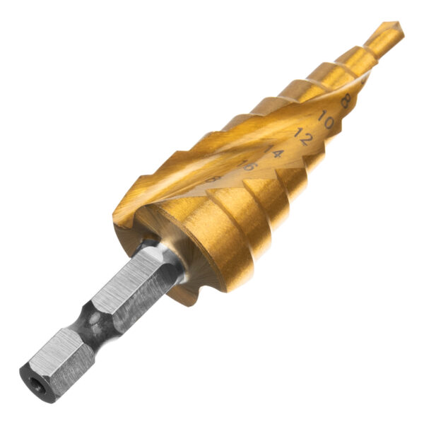 Сверло ступенчатое, 4-6-8-10-12-14-16-18-20 мм, HSS, спиральный профиль, шестигранный хвостовик Matrix — изображение 2
