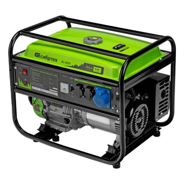 Генератор бензиновый БС-8000, 6,6 кВт, 230В, четырехтактный, 25 л, ручной стартер Сибртех — изображение 2